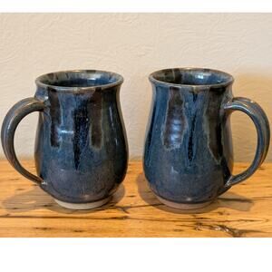 Set of Two Blue Signed Studio Pottery Coffee Mugs